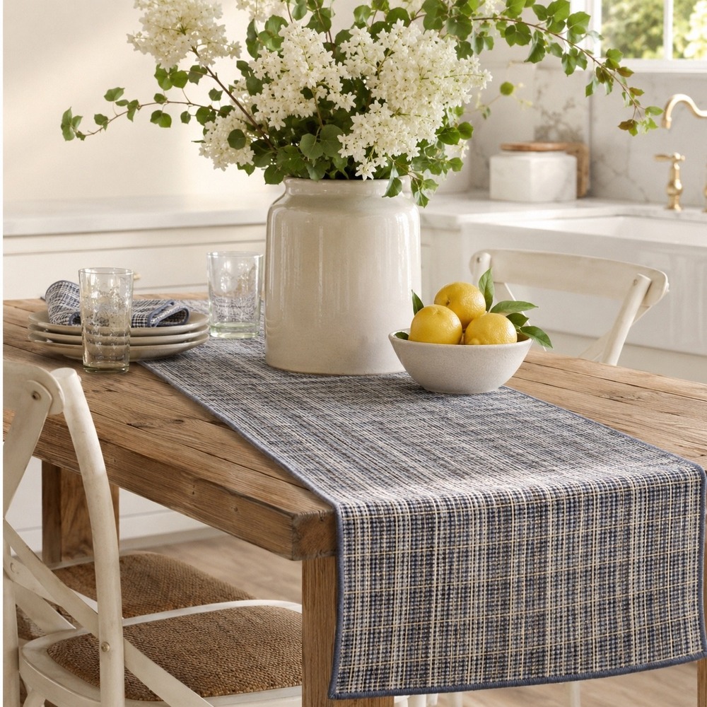 Hearth & Hand Magnolia Navy Beige Plaid Jute Cotton Table Runner 90x20in NEW
